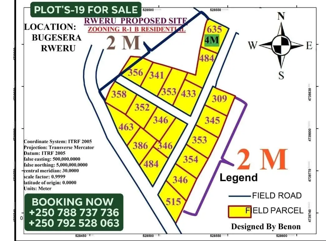 SALE. PLOT'S-19 FOR SALE PRICE: 2-MILLION  PRICE: 4-MILLION  *Aho iherereye: Bugesera-Rweru-Batima-Gasenyi* Zoning R1B Residential```  *Igiciro 2Millions zonyine(Ntibisanzwe)* Ubuso:300sqm kugeza kuri 635sqm  ```Kuva Batima ugera kuri site Moto ni 1500Frw```  *Ibyangombwa birahari mutation direct*  *Ugacyura UPI  yubuso 515sqm kuri 2Millions zonyine* *Vieux yibiyaga byiza*  Ihute ucagure bitarashira 🏃🏃 BOOKING NOW [phone hidden] [phone hidden]