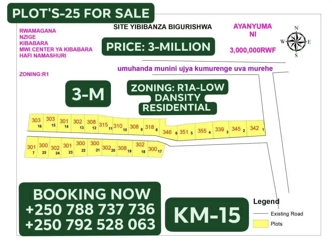 SALE. PLOT'S-25 FOR SALE  PRICE: 3-MILLION  Updates! LOCATION RWAMAGANA DISTRICT NZIGE SECTOR  KIBARABARA CELL NEAR 🚨🚨🚨🚨🚨 Sure deal  Ibibanza bishya bigurishwa! Biri Hafi NI SANTERE YA KIBARABARA  🏹Price:3M. 🏹Zoning:R1 🏹Imihanda irakase IBIKORWA REMEZO BYOSE BIRAHARI 🏹Location: *Rwamagana, Nzige_Hafi n’umurenge Kuva RUGENDE NI KM-15 NA MOTO NI 1500Frw  *_NB:Hano ibyangombwa birahari ni Mutation BOOKING NOW